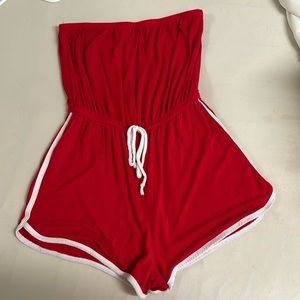 Red strapless short romper